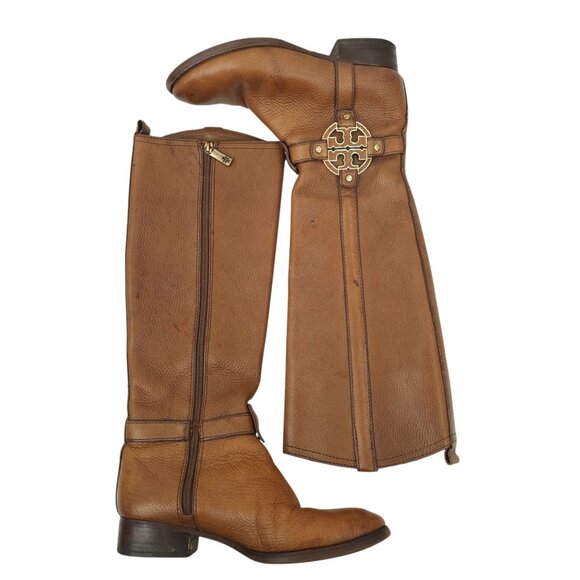 Tory Burch Amanda Tall Riding Boots READ Brown Leather Size 6.5 Side Zip Logo - Picture 14 of 15